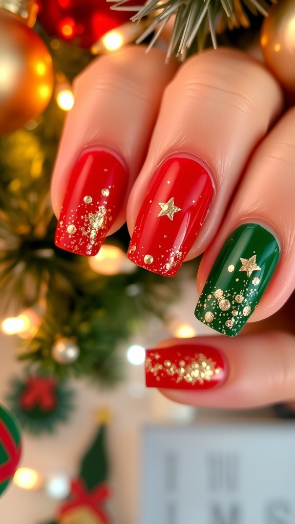 Close-up of Christmas-themed glitter nail art with red, green polish and gold glitter.
